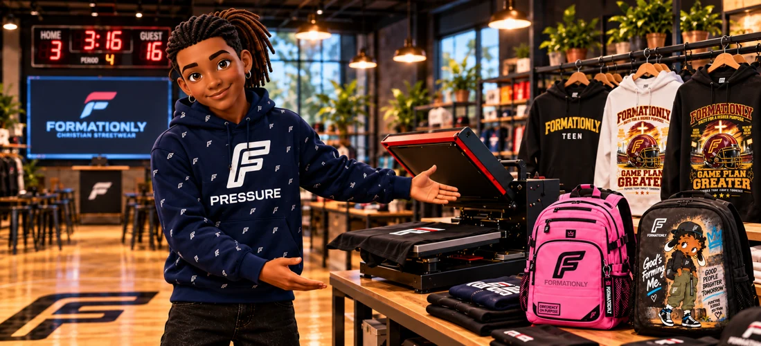 Jayden beside the heat press and Formationly merchandise in the streetwear store.