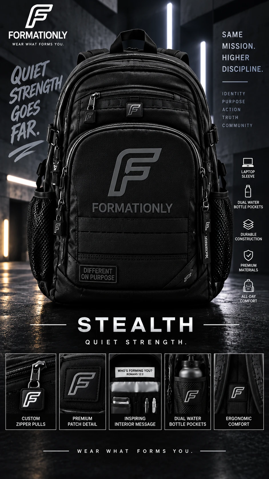 Stealth Quiet Strength black Formationly backpack, shown as this week’s placeholder concept.